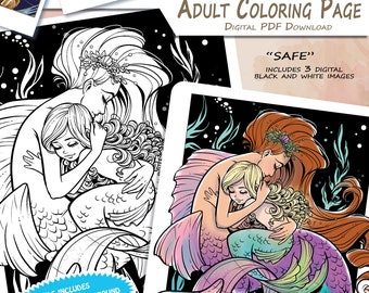 Adult Coloring Page - "Safe" - Mother and Daughter Mermaids