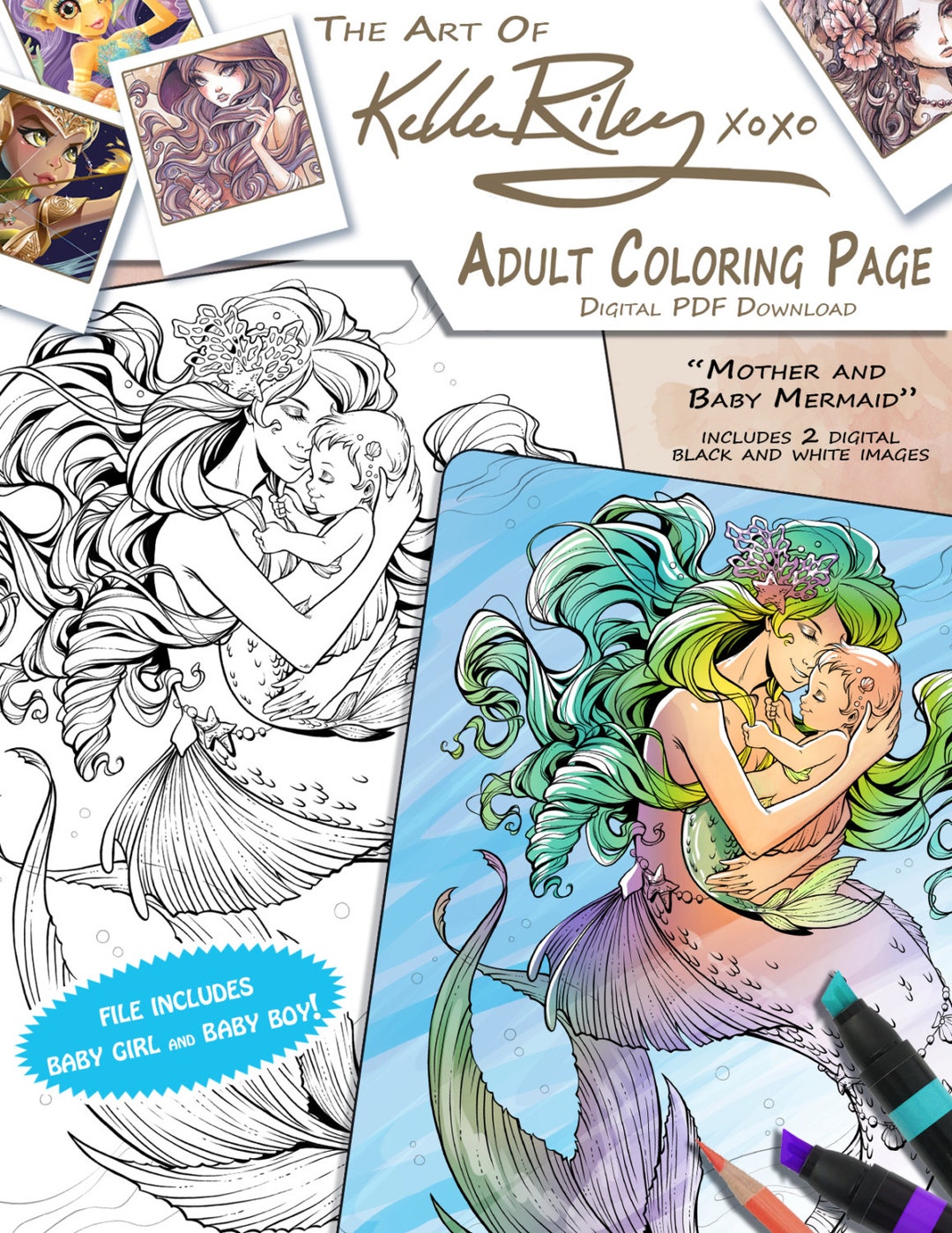 Mother and Baby Mermaid Adult Coloring Page - Etsy