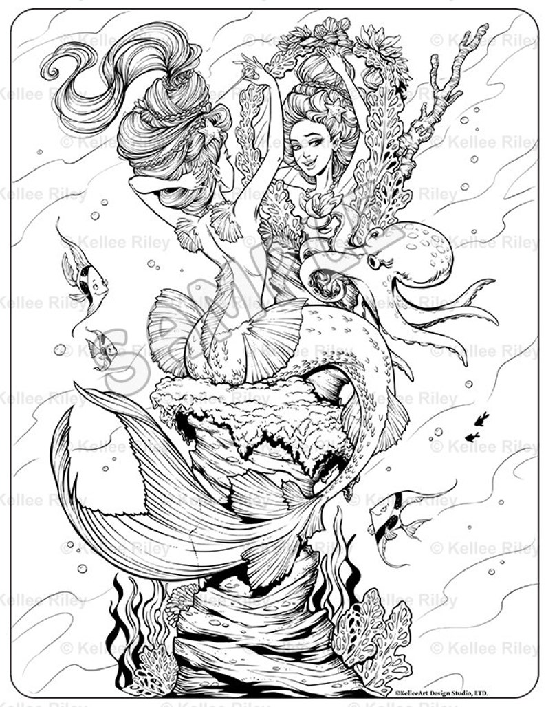 Mermaid's Night Out Adult Coloring Page image 2