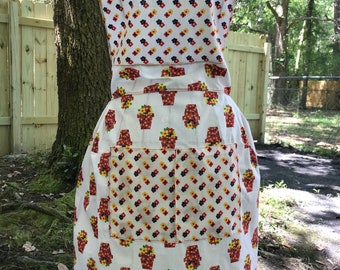 Handmade Hand sewn white floral potted plant full length garden apron
