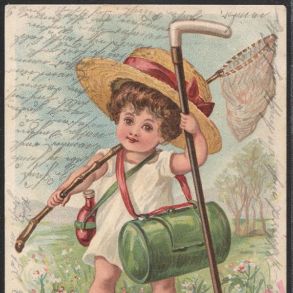 Antique Edwardian German Original Postcard, 1902 Illustrator Lithography, Large Straw Hat Boy Child Portrait Fisherman or Butterfly Hunter