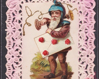 Antique Original Postcard, 1927 Die Cut Lace Canivet, New Year Gnome Elf Dwarf Pixie, Christmas Holiday Card, French Lithography