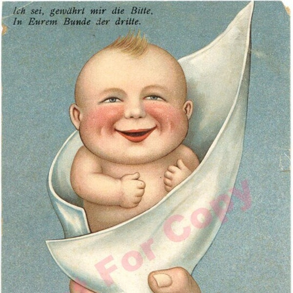 Carte Postale Ancienne Allemande, Bébé dans un Cornet, Lithographie Humoristique, Illustrateur Circa 1910, Carte de Naissance Non Voyagée