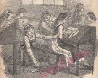 Antique Original French Sheet Music, Victorian Girls Boarding School Illustration, Lithography Signed Donjean, 4 Pages