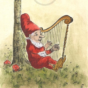 Antica cartolina originale vittoriana tedesca, acquerello fatto a mano circa 1900, gnomo arpista, elfo folletto, firmata dall'artista, biglietto d'amore e romanticismo