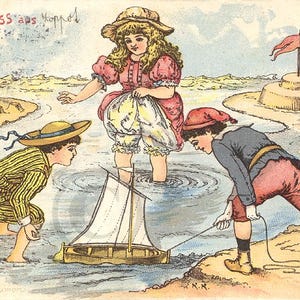 Carte Postale Ancienne Allemande 1903, Enfant jouant à la Plage, Vacances au bord de la Mer, Fillette, Illustrateur, Chromo Lithographie