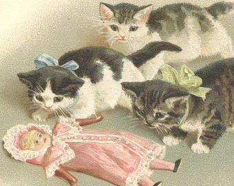 Cartolina postale originale francese antica, gatto antropomorfo con bambola, litografia, circa 1923