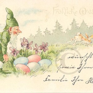 Antike viktorianische deutsche Original Postkarte, 1902 Illustrator Lithographie, Gnom Zwerg Pixie mit Ei und Kaninchen, Deutschland Osterfeiertagskarte