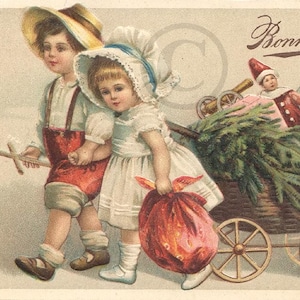 Cartolina originale francese edoardiana antica, Ellen Clapsaddle, bambini, bambola, giocattolo, litografia in rilievo del 1909, biglietto di auguri per il nuovo anno