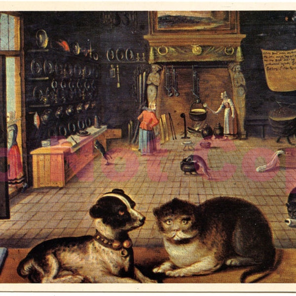 Carte Postale Moderne, Tableau Flamand du XVII, Peinture de Musée, Chat Chien et Souris dans les cuisines du Chateau