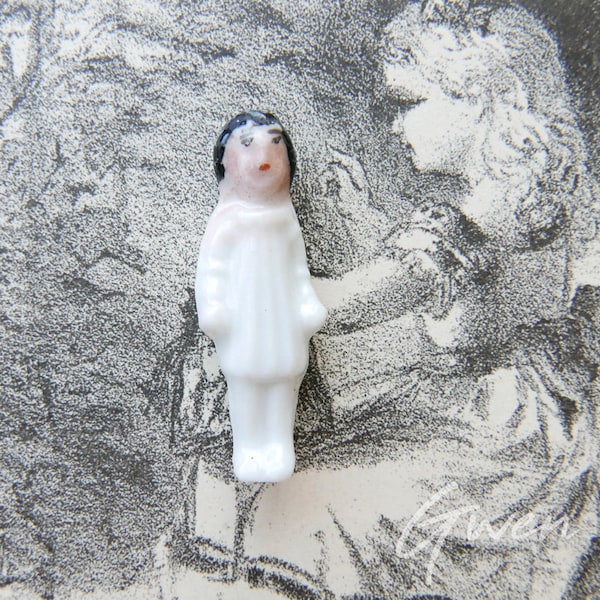 Antique French Feve Figurine, Bisque Miniature Frozen Charlotte, Baby Pudding Doll, Dollhouse Décor, Doll Accessory, Porcelain Cake Topper