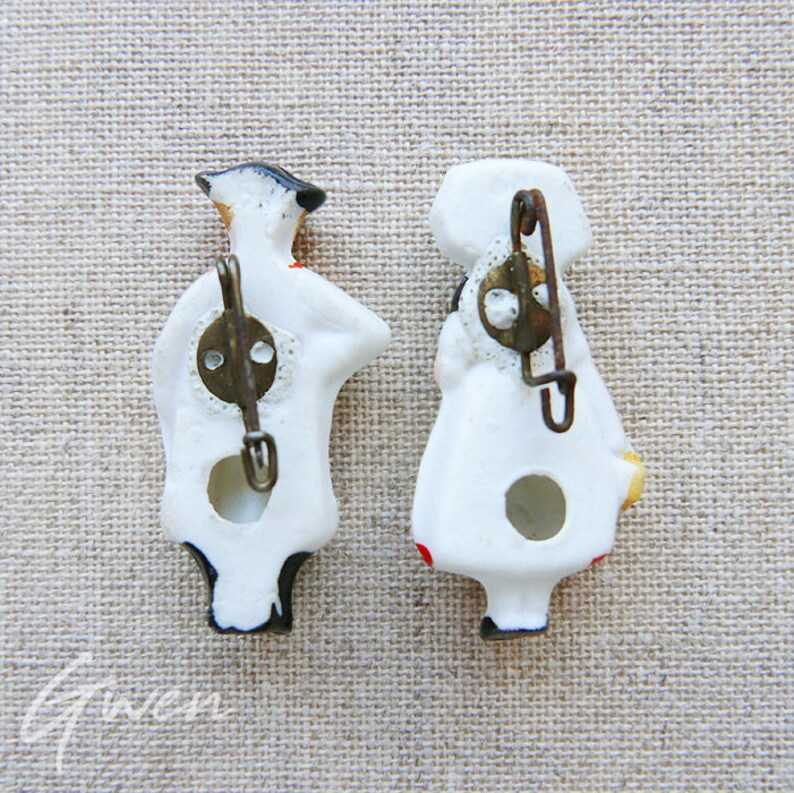 Antique German Miniature Doll Couple Pin Brooch Jewel Germany Bisque Porcelain Mini Figurine Circa 1930 Art Deco