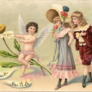 Cartão postal original francês vitoriano antigo, 1902, litografia de crianças e cupido, jogo de flores de margarida, ela não me ama, cartão de litografia