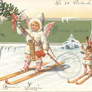 Carte Postale Ancienne Gaufrée 1906, Nouvel An, Angelot de Noël, Cupidon et Lapin à Ski, Chromo Lithographie