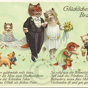 Carte Postale Ancienne Allemande, Illustrateur Arthur Thiele, Animaux Humanisés, Mariage de Chats, Chromo Lithographie Non Voyagée