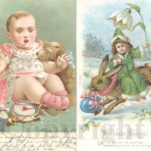 Carte Postale Ancienne Allemande, 1902 Bébé avec Chien et Jouets, 1905 Fillette chevauchant un Lapin de Paques, Lithographie, Illustrateur