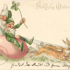 Cartão postal original alemão vitoriano antigo, litografia ilustrada de 1901, gnomo anão duende com ovo e coelho, cartão de Páscoa da Alemanha