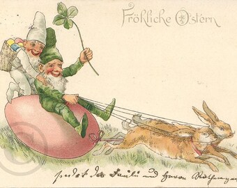 Cartolina originale vittoriana antica tedesca, litografia illustrata del 1901, gnomo nano con uovo e coniglio, cartolina pasquale tedesca