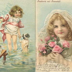 Carte Postale Ancienne Allemande, Fillette se baignant, Chien et Chat, 1902 Portrait d'Enfant avec Bouquet de Rose, Chromo Lithographie