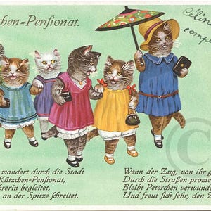 Carte Postale Ancienne Allemande, Illustrateur Arthur Thiele, Chat Humanisé, Le Pensionnat des Chats, Chromo Lithographie