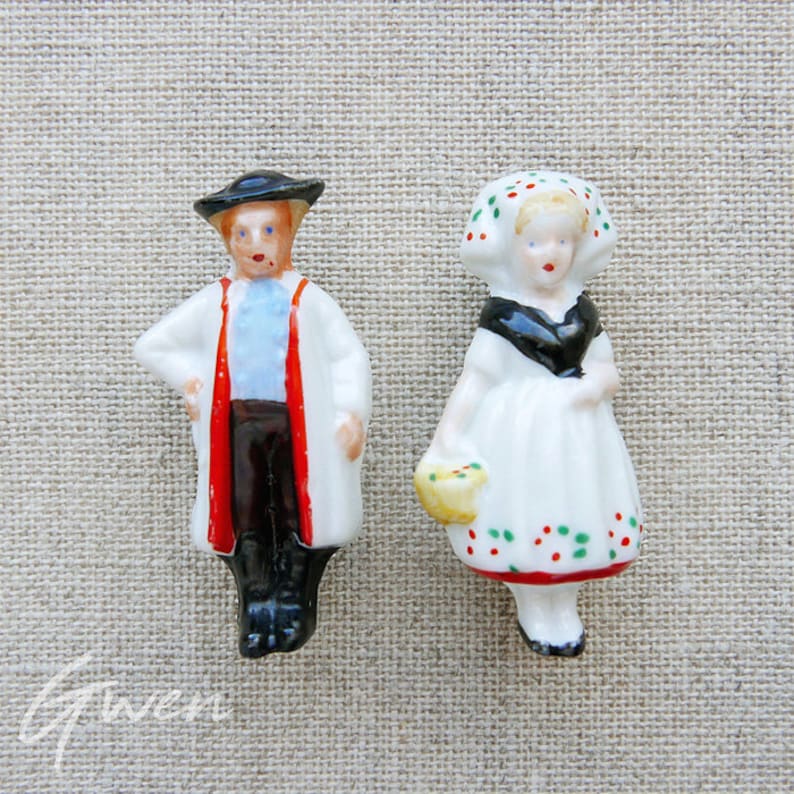 Antique German Miniature Doll Couple Pin Brooch Jewel Germany Bisque Porcelain Mini Figurine Circa 1930 Art Deco