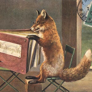 Carte Postale Ancienne Allemande, 1907 Renard Humanisé Lisant le Registre des Péchés, Encrier, Porte Plume, Illustrateur, Lithographie