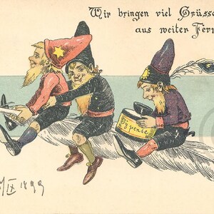 Carte Postale Ancienne Allemande, Lithographie 1899 Illustrateur Hans Starcke, Lutins sur Porte Plume avec Bouteille d'Encre, Dos Non divisé