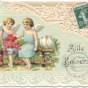 Carte Postale Ancienne 1912, Lithographie Gaufrée en Relief, Couple d'Angelots et Colombes, Romance de Chérubins, Carte de Saint Valentin