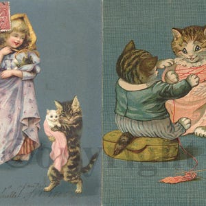 Carte Postale Ancienne Allemande, 1906 Helena Maguire Lithographie en Relief Fillette et Chat, 1900 G. H. Thompson Chaton Humanisé, Stroefer