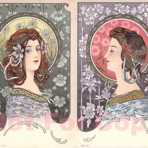 Antike deutsche Litho Postkarte, 1900 Jugendstil Frauenportrait, geprägtes und glitzerndes Litho im Alphonse Mucha Stil