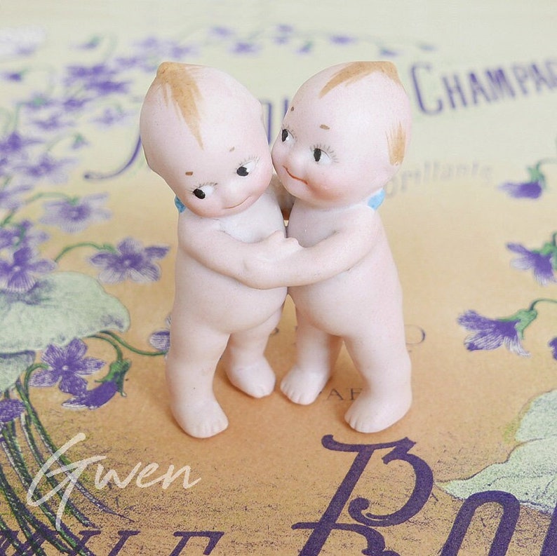 Antique German Bisque Kewpie Doll, Twin Baby Huggers Figurine from Rose O'Neill, 2.5 Siblings Action Figure, 1913 Germany Miniature image 1
