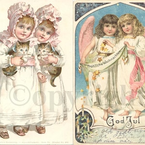 Carte Postale Ancienne CPA Illustrateur, 1900 Jessie Andrews Fillettes Jumelles Sœurs Chaton Chat, 1903 Anges Lithographie, Carte de Noël