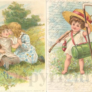 Cartolina postale originale tedesca antica, Bambini edoardiani, 1901. Litografia di Harriet Bennett Bambina, 1902. Ragazzo con cappello di paglia, retro non diviso.