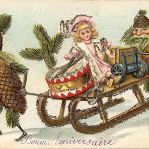 Carte Postale Ancienne Gaufrée 1907, Pomme de Pin Humanisée, Poupée, Tambour, Jouets, CPA Dos Non Divisé