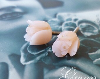 Stud antique sculpté de Roses corail boucles d’oreilles or blanc bijou 1900