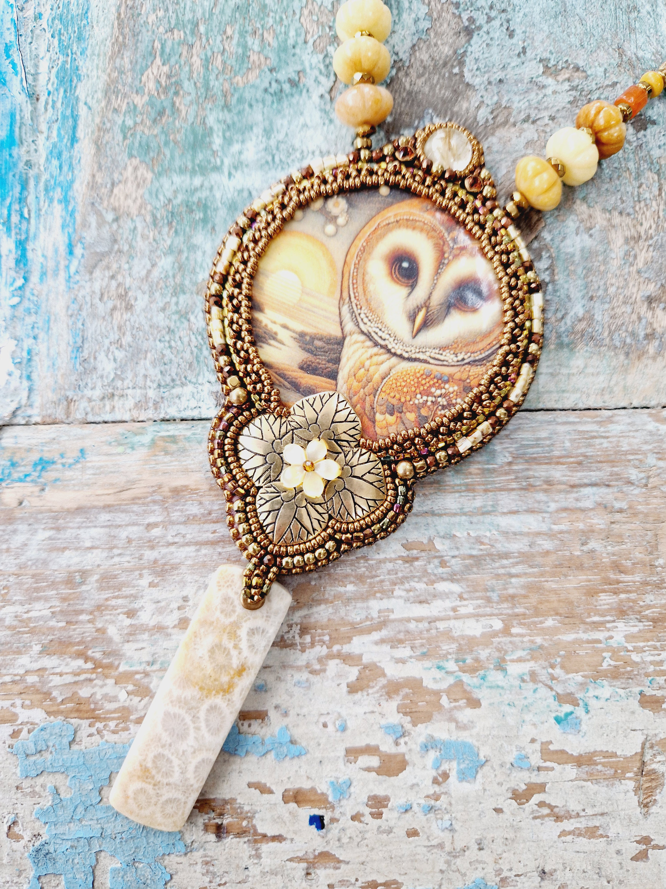 Bohemian style owl and sunset necklace.