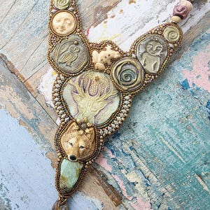 Shamanic Woodland spirit totem collar. Statement Bead embroidery necklace. Wearable art jewelry.