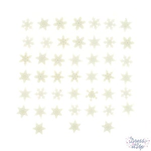 May include: A sheet of 49 white snowflake stickers. The snowflakes are various sizes and have a slightly glittery finish.
