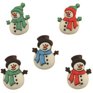 May include: Five snowman-shaped decorative buttons. Each snowman has a white body, black coal eyes and buttons, and an orange carrot nose. The snowmen wear hats and scarves in various colors, including green, red, and blue.