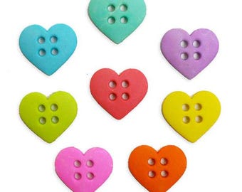 May include: Eight heart-shaped buttons in various colors: turquoise, blue, purple, red, green, pink, and orange. Each button has four holes.