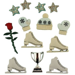 May include: A set of 10 winter-themed buttons featuring a red rose, a white hat with snowflakes, two pairs of white ice skates, a silver trophy, and four blue stars with gold glitter.