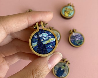 Mini Masterpieces, cross-stitched pin and necklace, mini embroidery hoop - Hand-embroidered jewellery