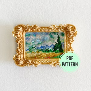 Wheat Field with Cypresses Cross-stitch pattern, mini art, PDF download, Vincent Van Gogh