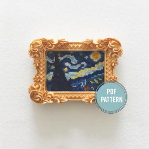 The Starry Night Cross-stitch pattern, mini art, PDF download, Vincent Van Gogh