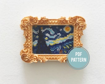 The Starry Night Cross-stitch pattern, mini art, PDF download, Vincent Van Gogh