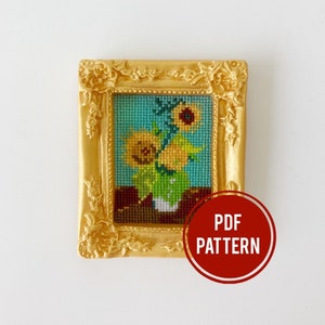 Vase with Three Sunflowers Cross-stitch pattern, mini art, PDF download, Vincent Van Gogh