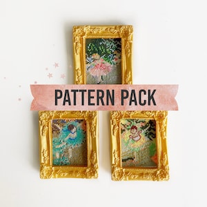 May include: Three gold-framed cross-stitch patterns featuring dancers in various poses. The frames are ornate and have a vintage aesthetic. The text "PATTERN PACK" is displayed on a pink banner.