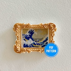 The Great Wave Cross-stitch pattern, mini art, PDF download, Katsushika Hokusai