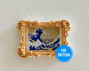 The Great Wave Cross-stitch pattern, mini art, PDF download, Katsushika Hokusai
