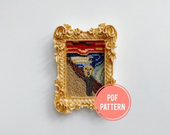 The Scream Cross-stitch pattern, mini art, PDF download, Edvard Munch